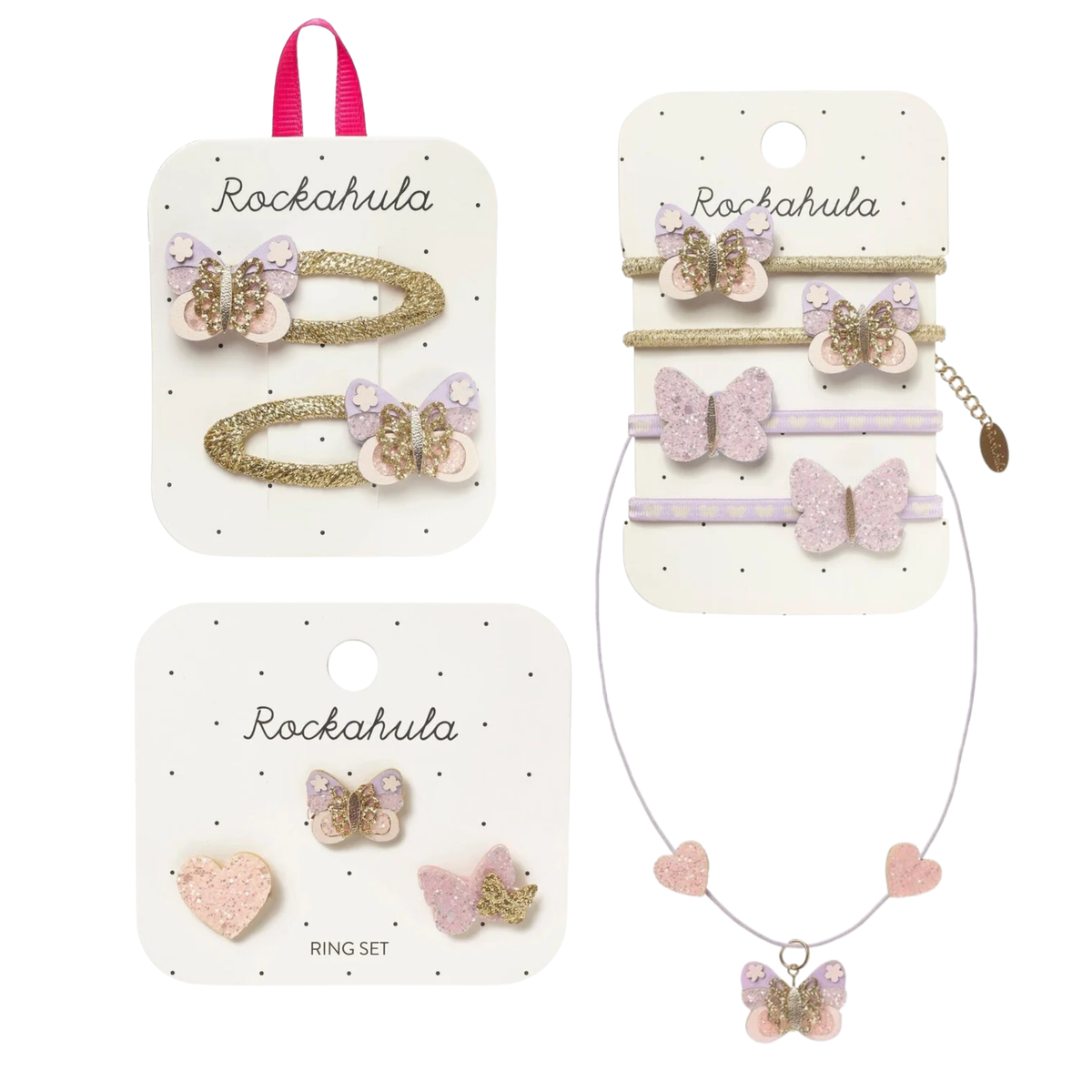 Drugelių rinkinys Fairytale Butterfly: vėrinys, žiedeliai, segtukai ir gumytės